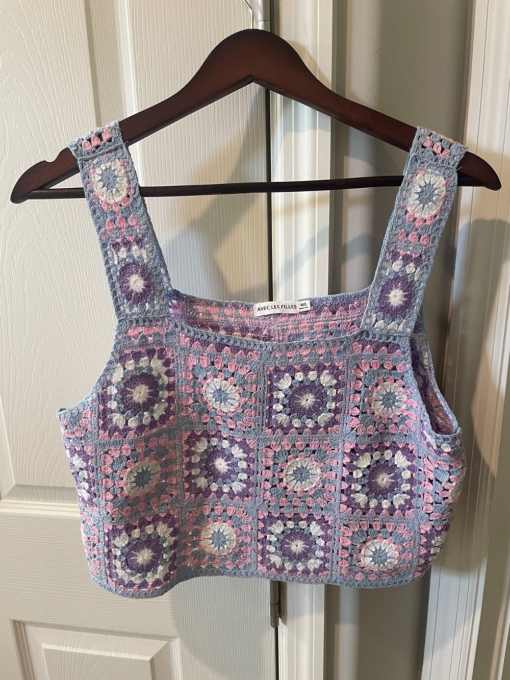 Avec Les Filles Purple and Pink Crochet granny Square Crop Top